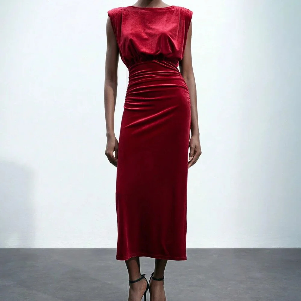Burgundy Elegant Women's Urban Chic Long Velvet Christmas Party Holiday Dress